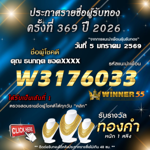ประกาศรายชื่อผู้โชคดี ธนกฤต ยอดxxxx ได้รับทองคำหนัก 1 สลึง ประจำวันที่ 05 มกราคม 2569
