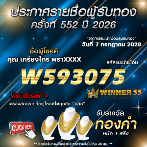 ประกาศรายชื่อผู้โชคดี เกรียงไกร พราxxxx ได้รับทองคำหนัก 1 สลึง ประจำวันที่ 07 กรกฎาคม 2569